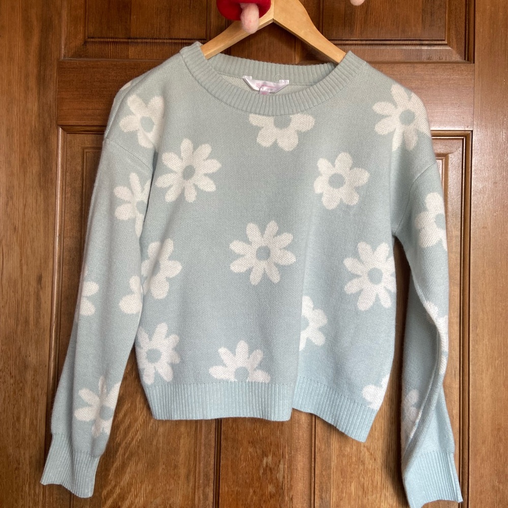No Boundaries Floral Sweater - Light Blue and White